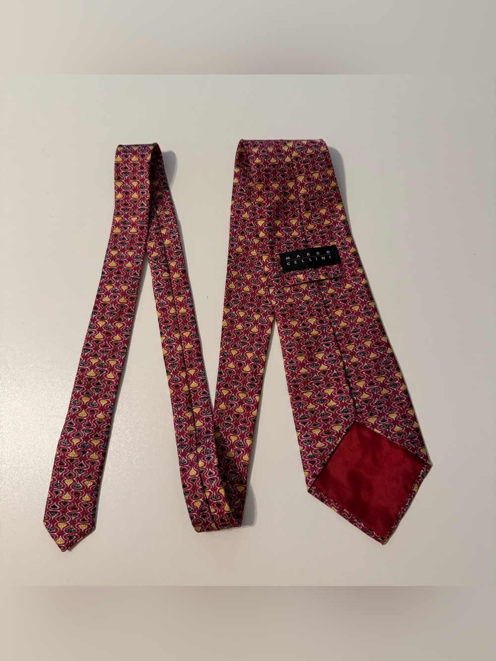 Men's Geometric Magenta Silk Tie with Yellow Accents